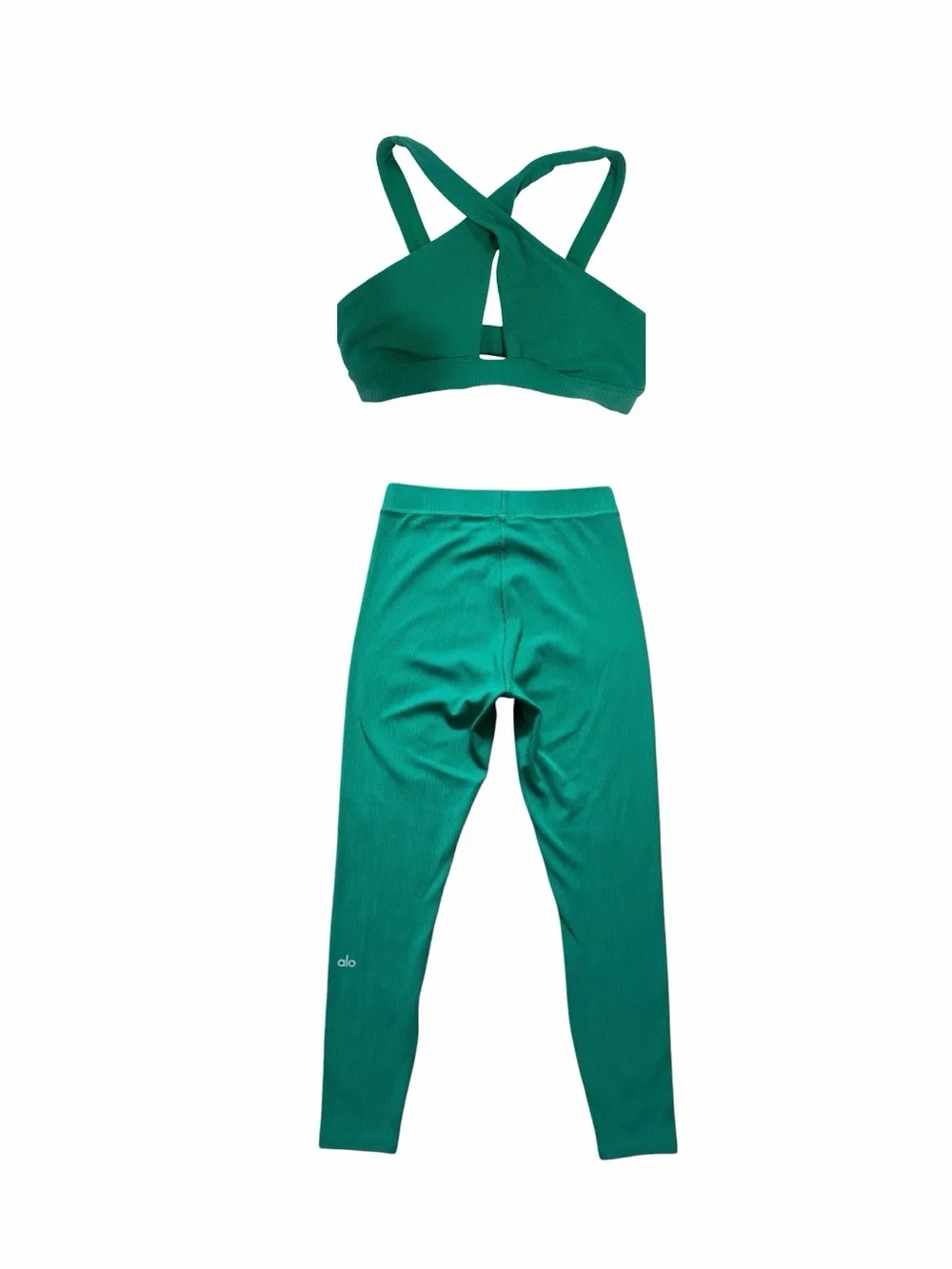 Alo Yoga Ribbed Blissful Set Green Teal 7/8 Leggings Sports Bra Athleisure